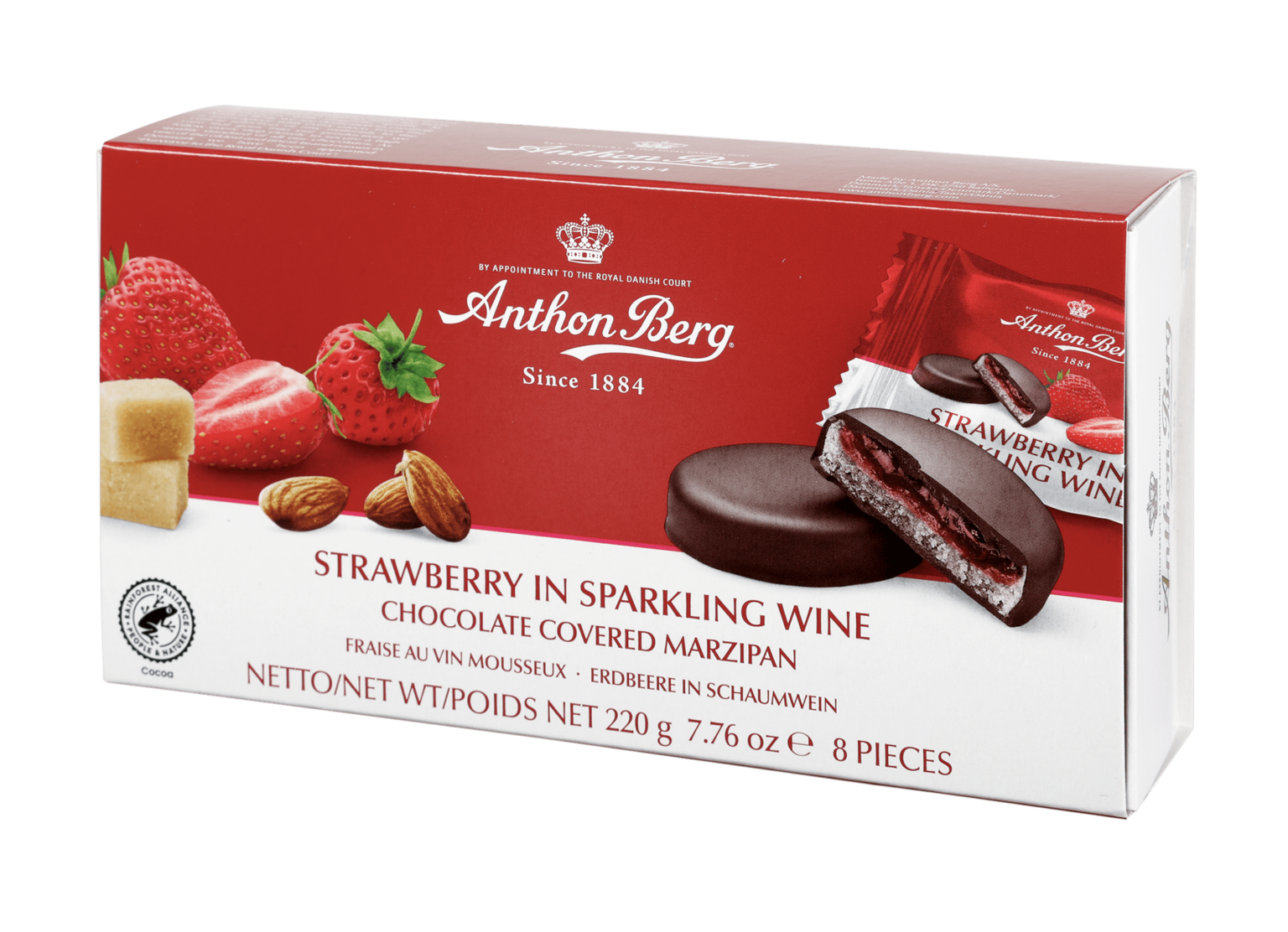 Die Pralinenschachtel Strawberry in Sparkling Wine von Anthon Berg mit Schokolade überzogenem Marzipan und Erdbeerfüllung.