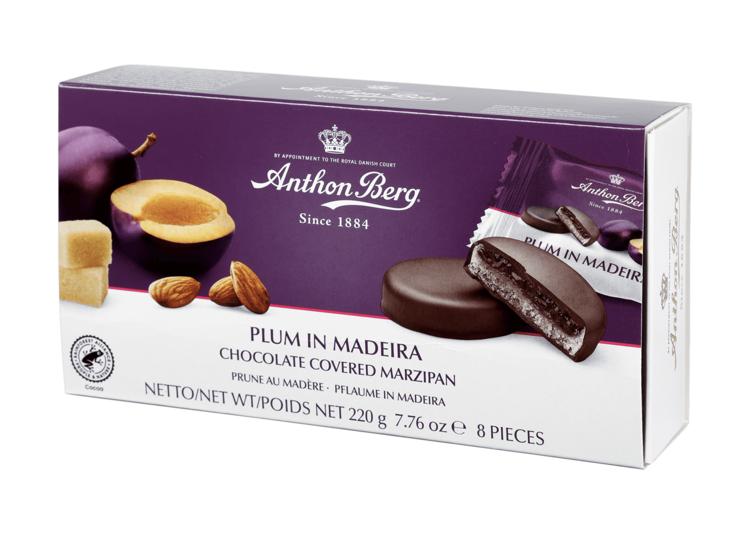 Die Pralinenschachtel Plum in Madeira von Anthon Berg mit Schokolade überzogenem Marzipan und Pflaumenfüllung.