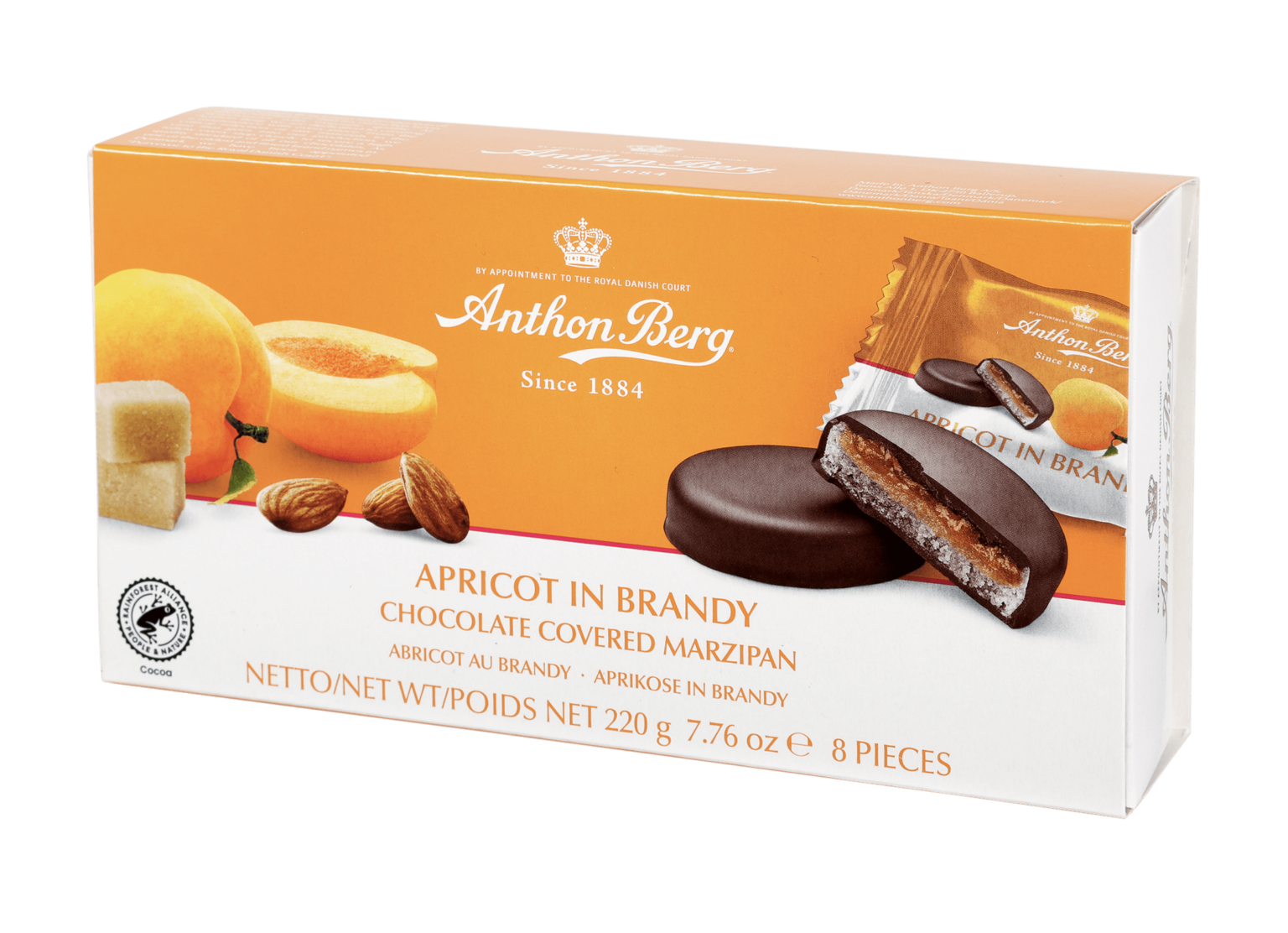 Die Pralinenschachtel Apricot in Brandy von Anthon Berg mit Schokolade überzogenem Marzipan und Aprikosen-Brandy-Füllung.