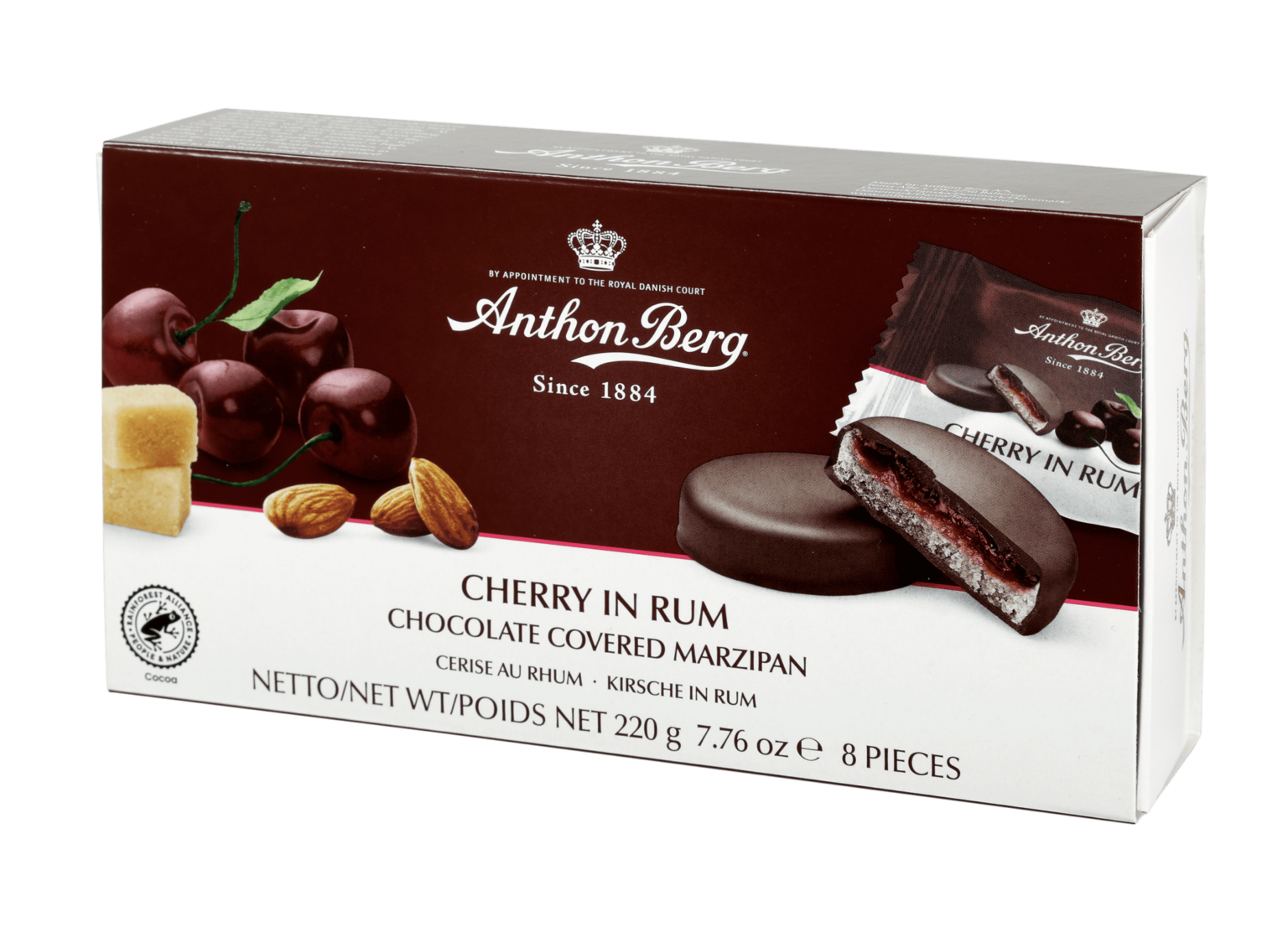 Die Pralinenschachtel Cherry in Rum von Anthon Berg mit Schokolade überzogenem Marzipan und Kirsch-Rum-Füllung.