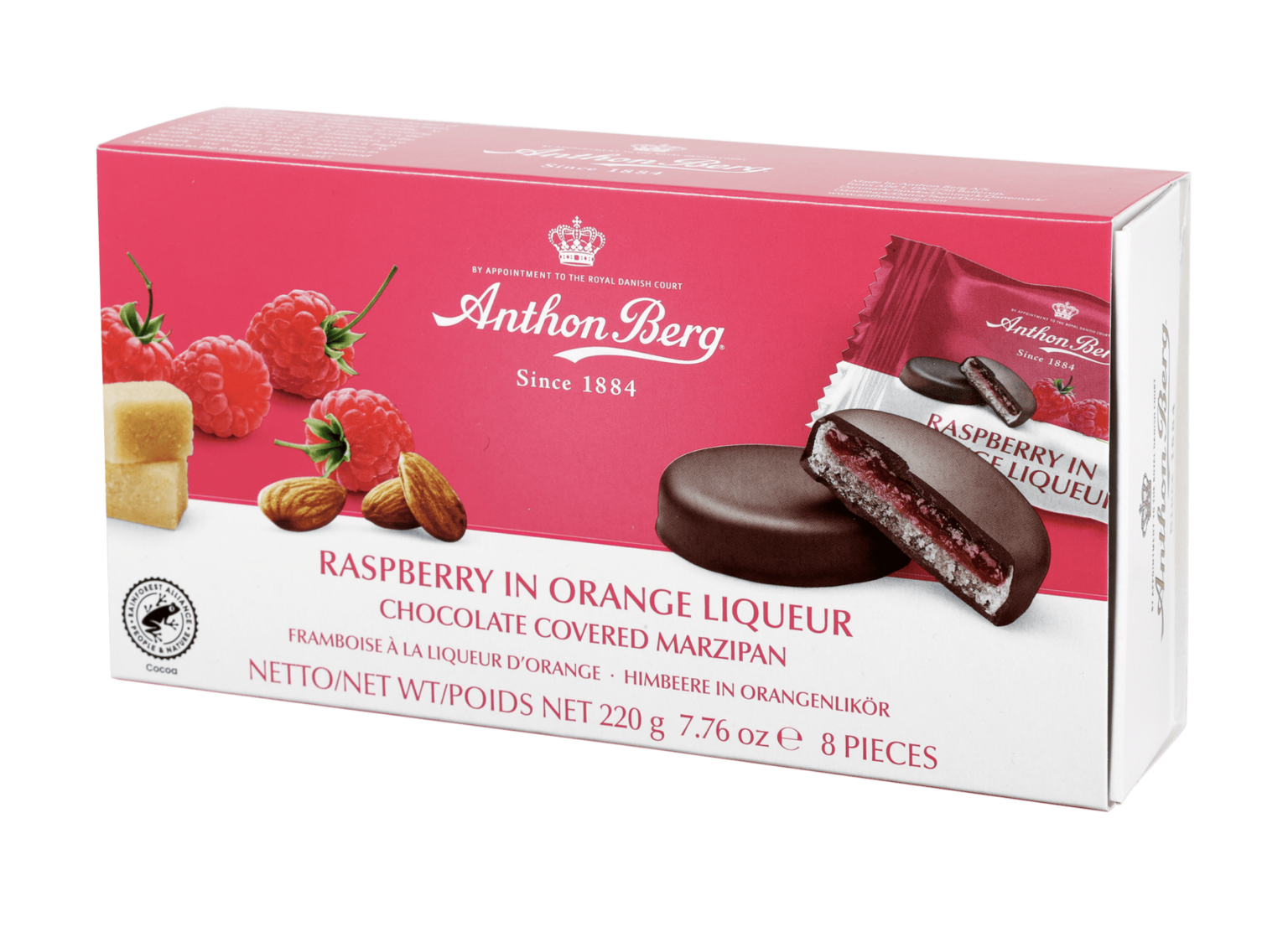 Die Pralinenschachtel Raspberry in Orange Liqueur von Anthon Berg mit Schokolade überzogenem Marzipan und Himbeerfüllung.