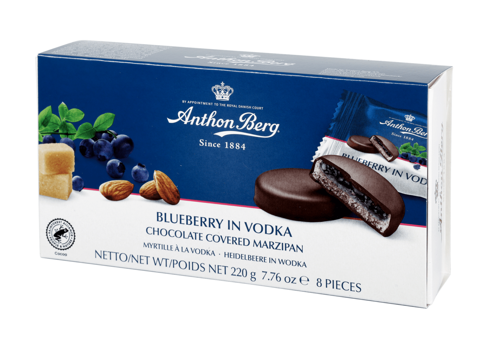 Die Pralinenschachtel Blueberry in Vodka von Anthon Berg mit Schokolade überzogenem Marzipan und Heidelbeer-Vodka-Füllung.
