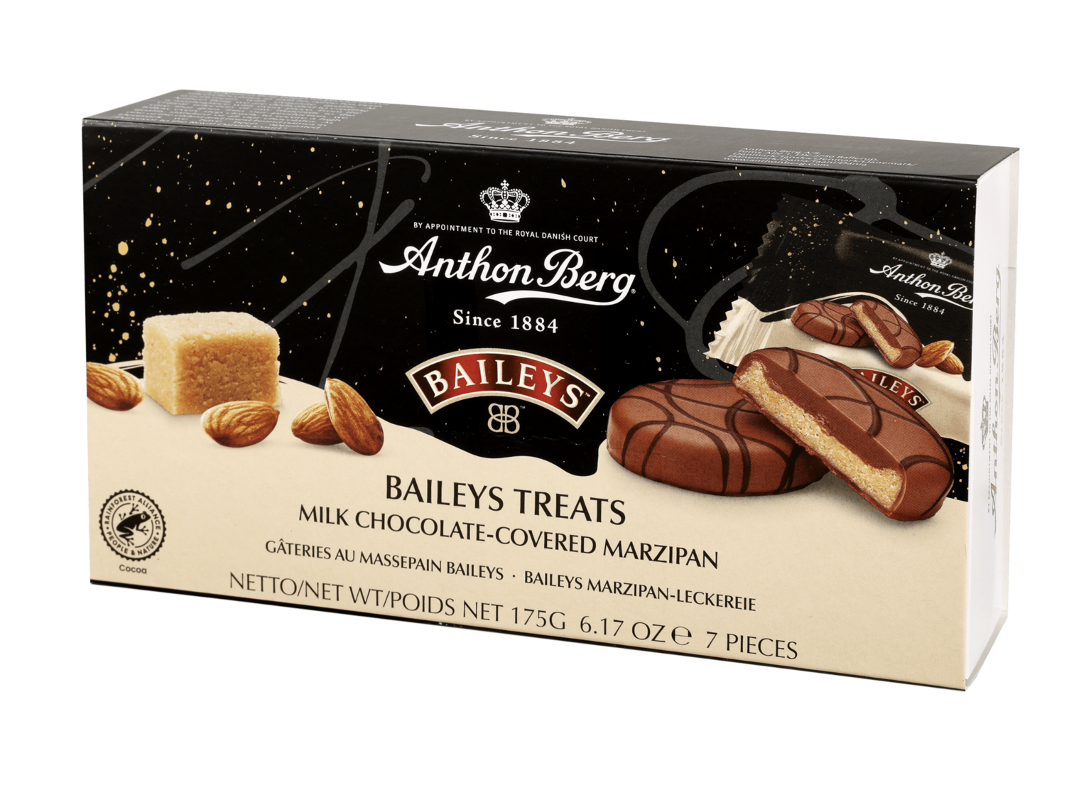 Die Pralinenschachtel Baileys Treats von Anthon Berg mit Milchschokolade überzogenem Marzipan und cremiger Füllung.